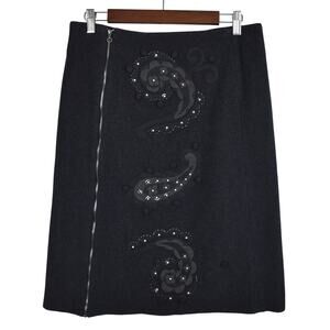 Y2K Wool Blend Paisley Skirt Women's 8 Dark Gray Embellished Zip Up Boho Chic